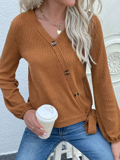 Rib-Knit Asymmetrical Button Blouse-Teresa&#39;s Fashionista LLC