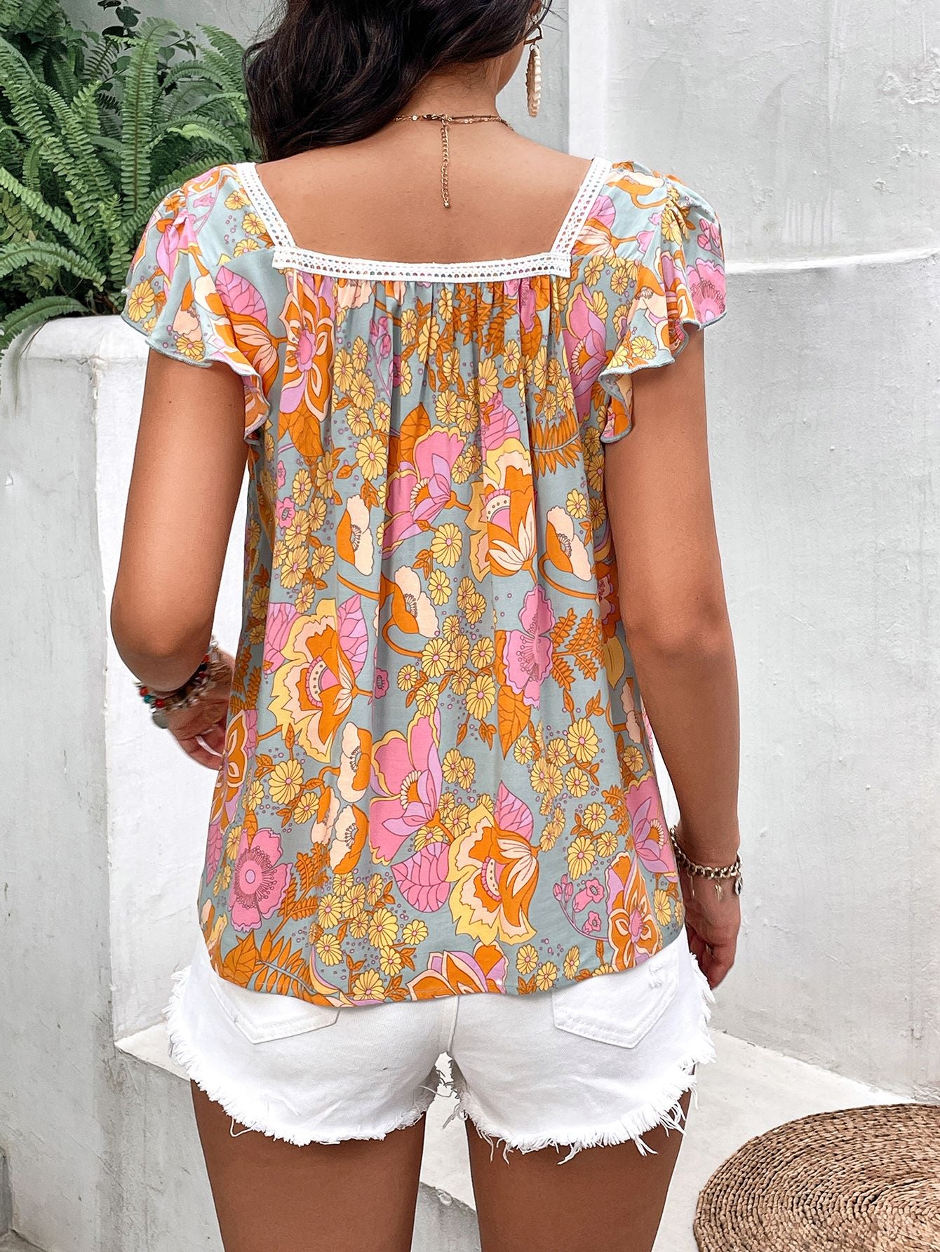 Floral Square Neck Flutter Sleeve Blouse-Teresa&#39;s Fashionista LLC