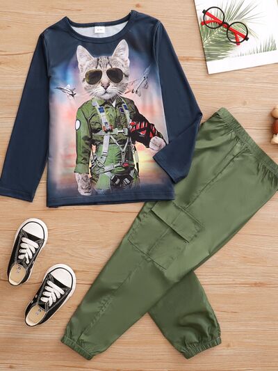 Cat Graphic Round Neck Top and Pocketed Pants Set-Teresa&#39;s Fashionista LLC