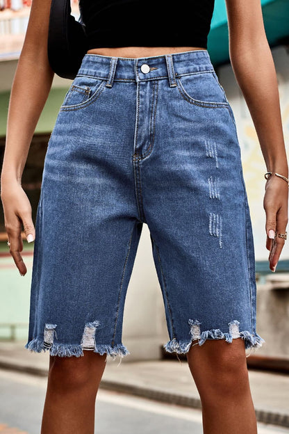 Raw Hem High Waist Denim Shorts with Pockets-Teresa&#39;s Fashionista LLC