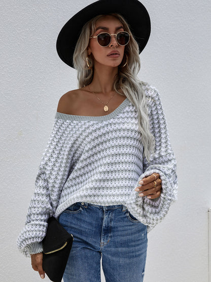 Striped Drop Shoulder V-Neck Pullover Sweater-Teresa&#39;s Fashionista LLC