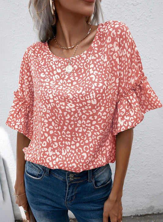 Leopard Round Neck Frill Trim Blouse-Teresa&#39;s Fashionista LLC