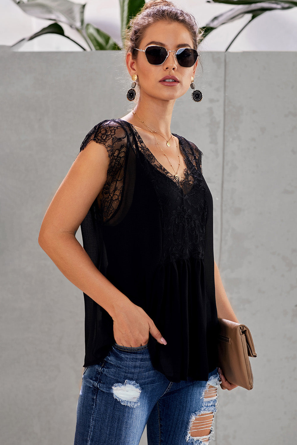 Eyelash Trim Spliced Lace V-Neck Tank-Teresa&#39;s Fashionista LLC