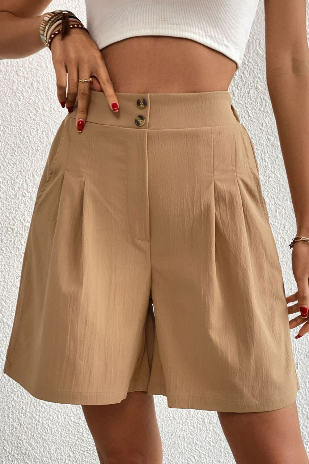 Buttoned Elastic Waist Pleated Detail Shorts-Teresa&#39;s Fashionista LLC