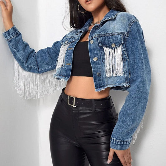 Fringe Detail Long Sleeve Cropped Denim Jacket-Teresa&#39;s Fashionista LLC