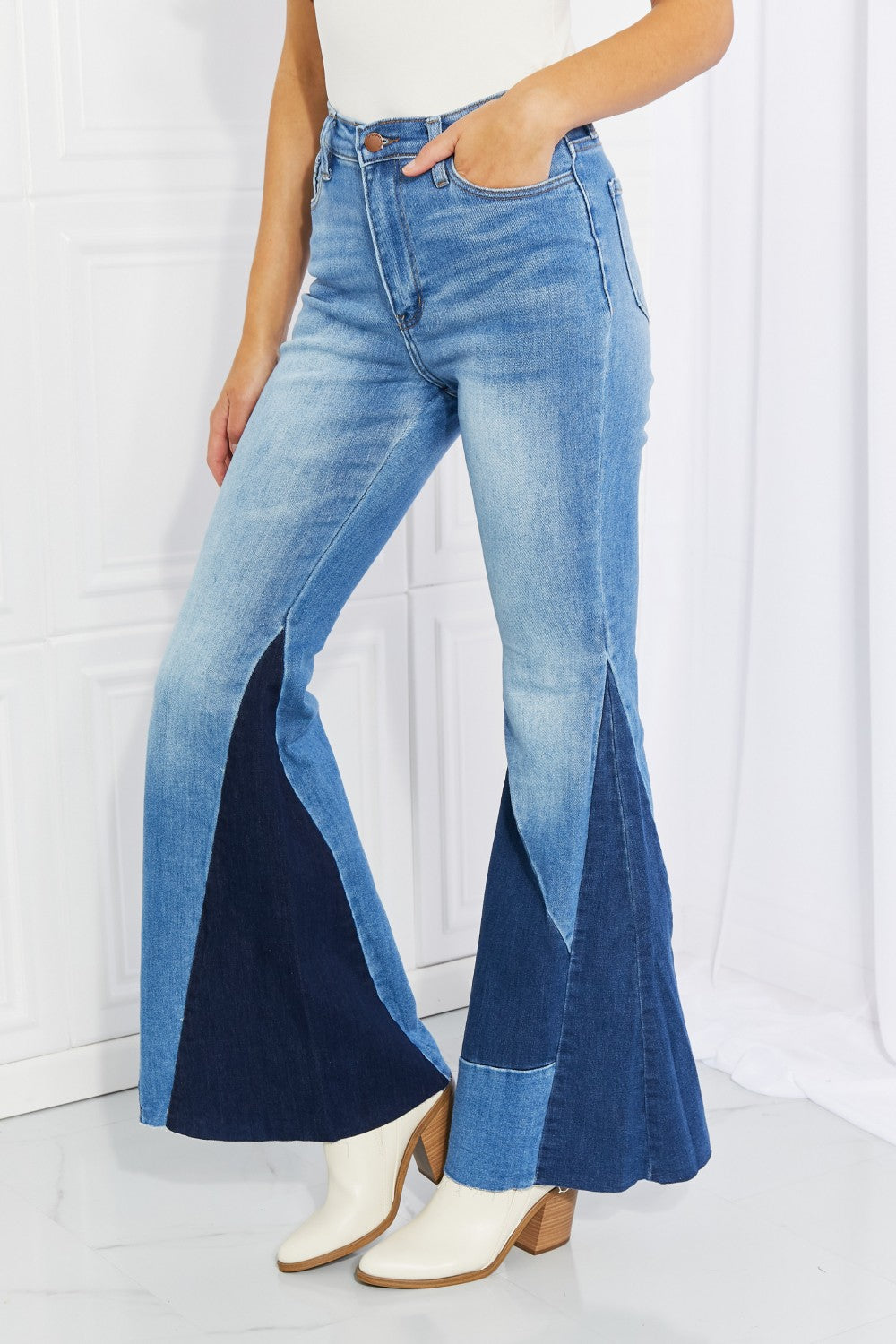 Vibrant Sienna Full Size Color Block Flare Jeans-Teresa&#39;s Fashionista LLC