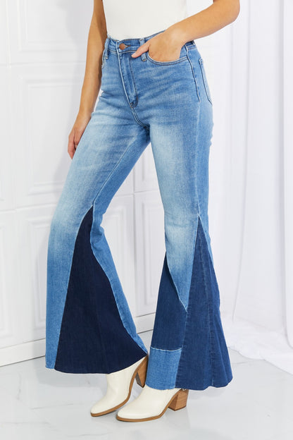 Vibrant Sienna Full Size Color Block Flare Jeans-Teresa&#39;s Fashionista LLC