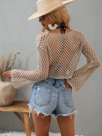 Openwork Flare Sleeve Cropped Cover Up-Teresa&#39;s Fashionista LLC