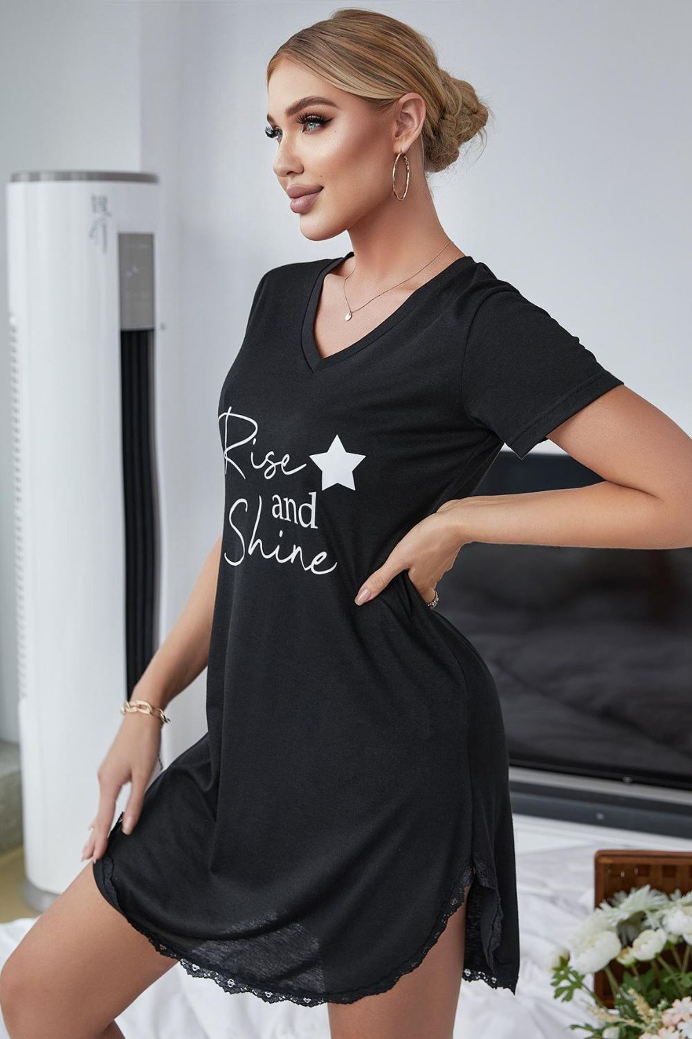 RISE AND SHINE Contrast Lace V-Neck T-Shirt Dress-Teresa&#39;s Fashionista LLC