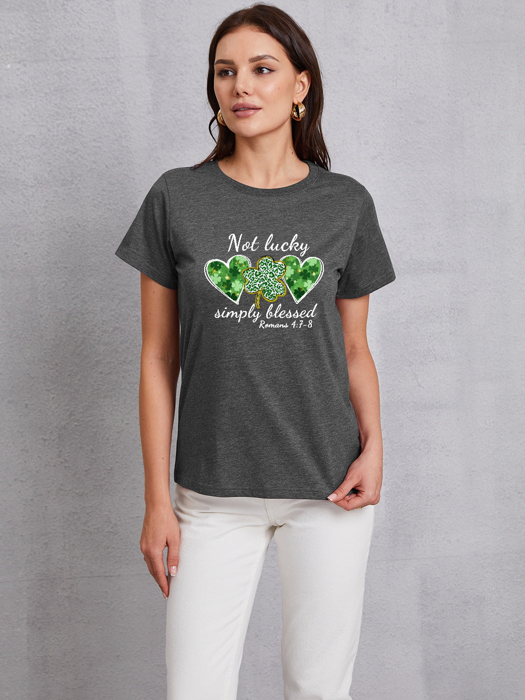 NOT LUCKY SIMPLY BLESSED Heart Round Neck T-Shirt-Teresa&#39;s Fashionista LLC