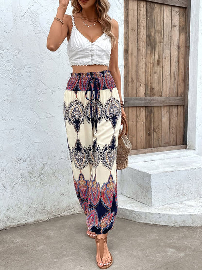 Printed Smocked High Waist Pants-Teresa&#39;s Fashionista LLC