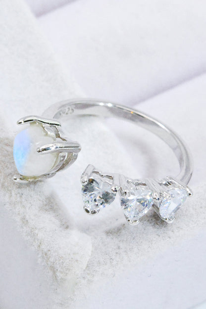 Natural Moonstone and Zircon Heart Open Ring-Teresa&#39;s Fashionista LLC