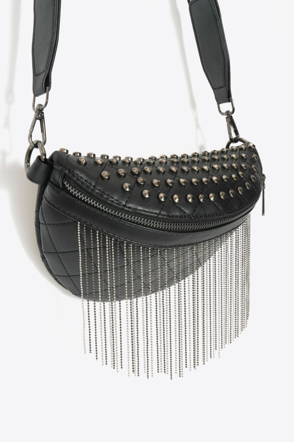 PU Leather Studded Sling Bag with Fringes-Teresa&#39;s Fashionista LLC