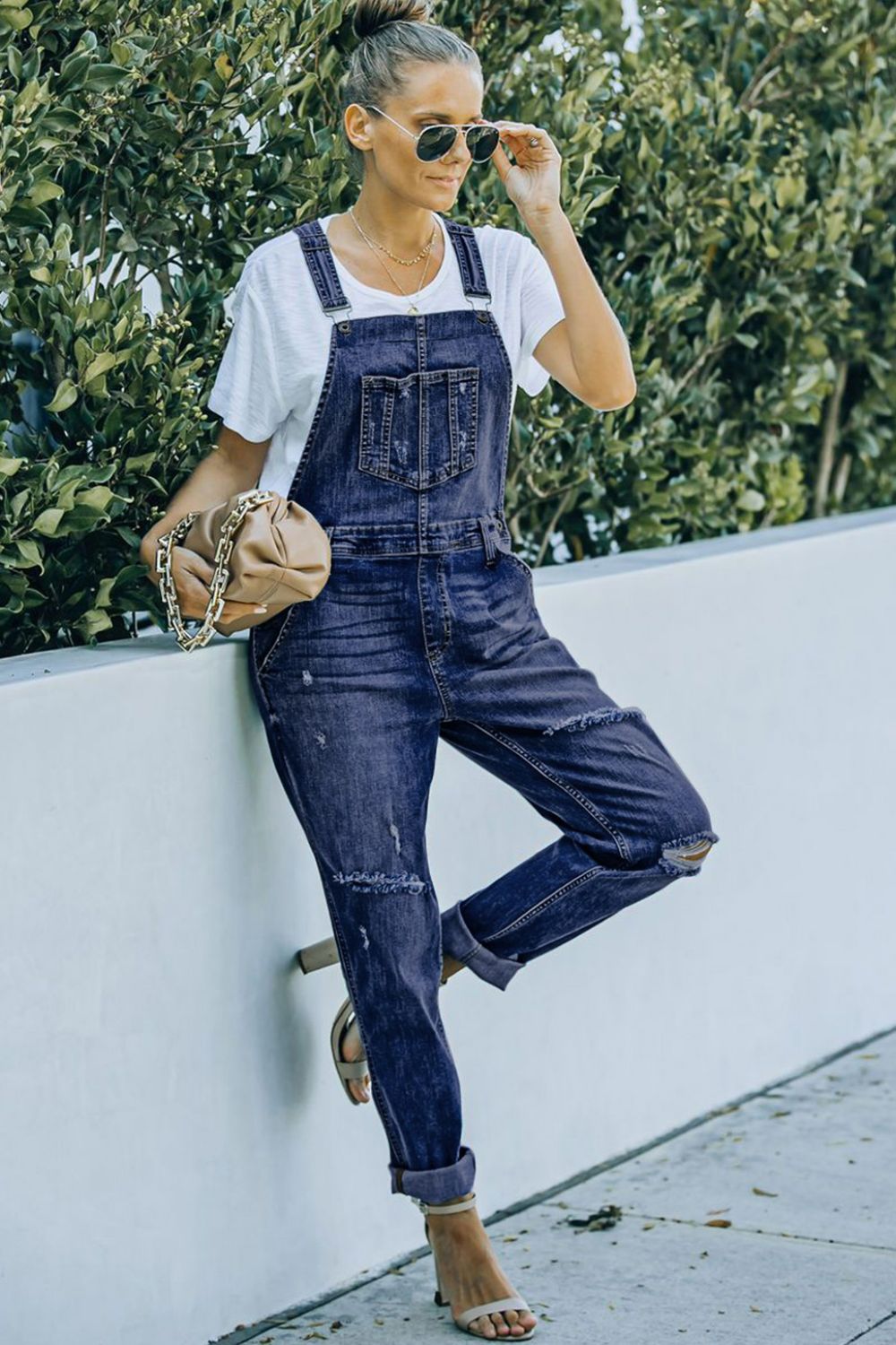 Pocketed Distressed Denim Overalls-Teresa&#39;s Fashionista LLC