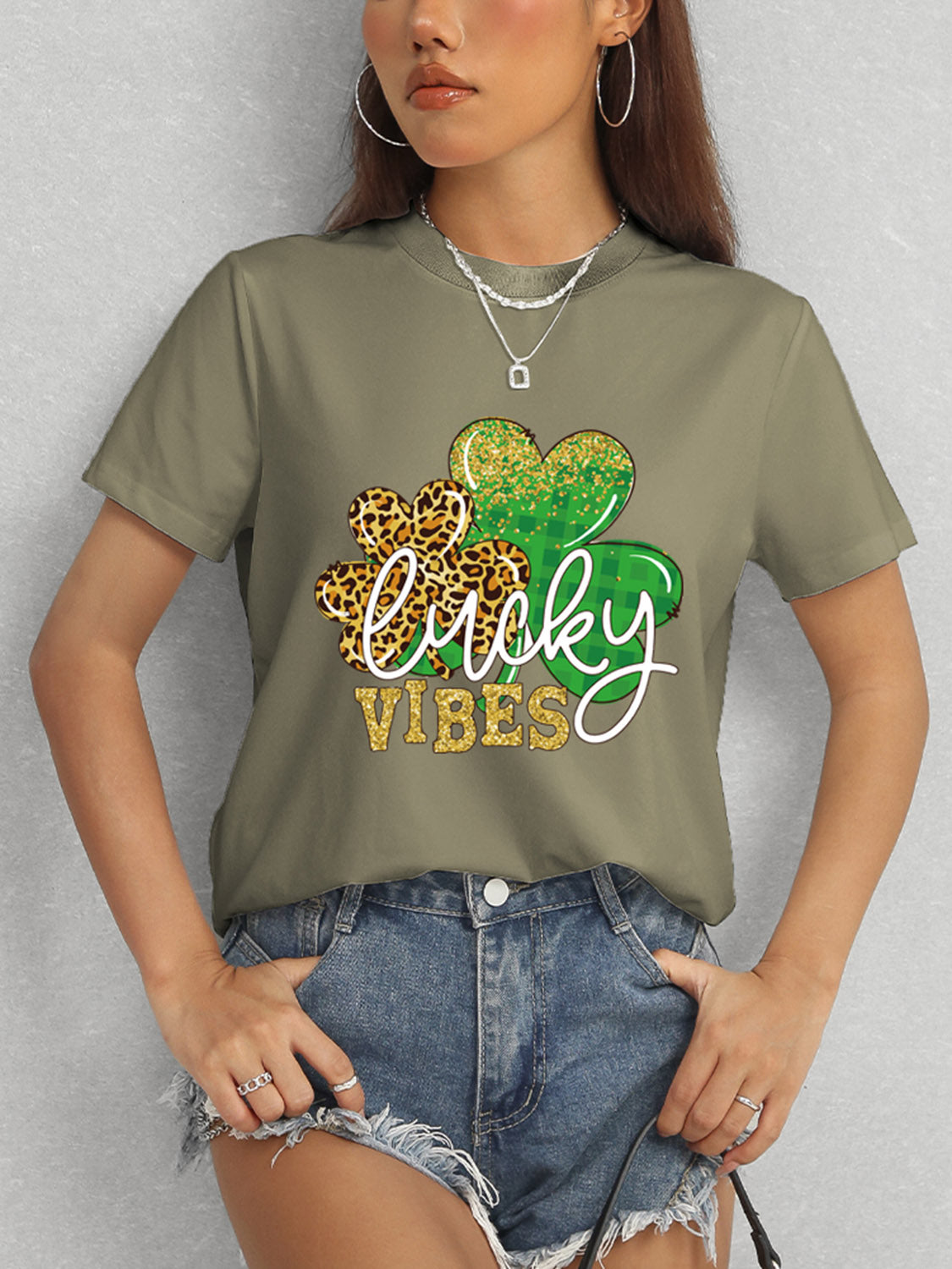 LUCKY VIBES Round Neck Short Sleeve T-Shirt-Teresa&#39;s Fashionista LLC