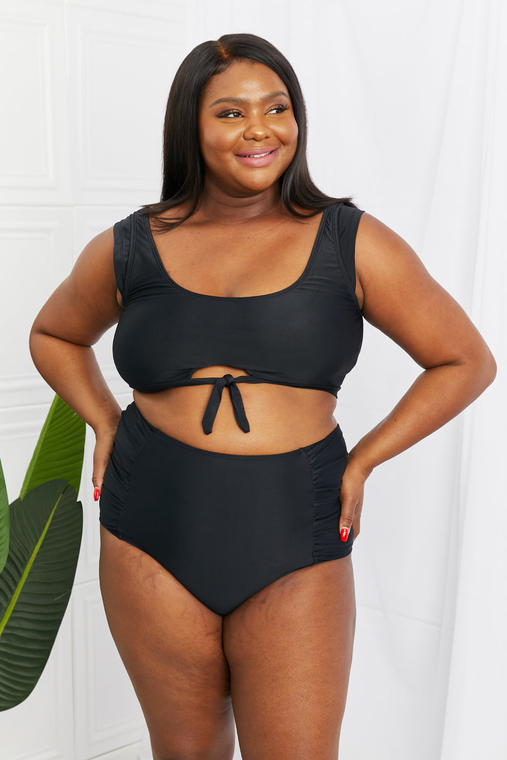 Marina West Swim Sanibel Crop Swim Top and Ruched Bottoms Set in Black-Teresa&#39;s Fashionista LLC