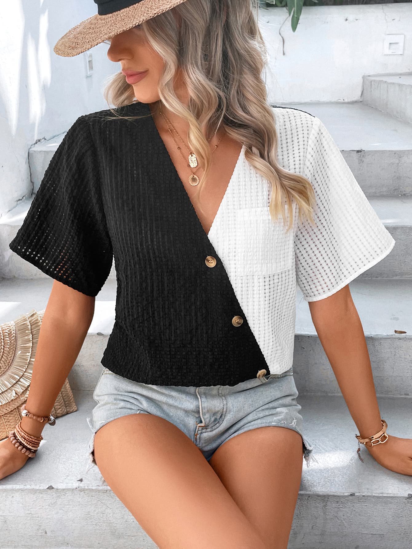 Two-Tone Buttoned Short Sleeve Top-Teresa&#39;s Fashionista LLC