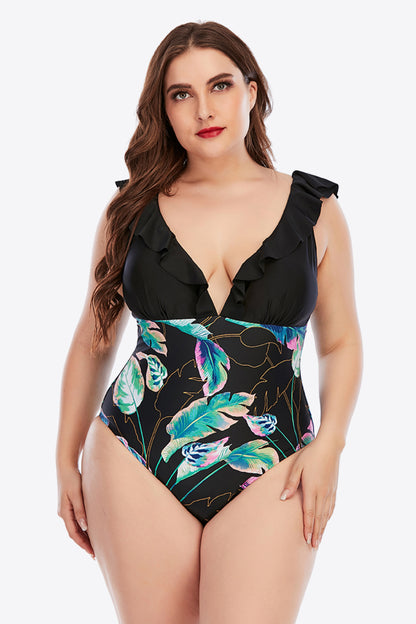 Plus Size Printed Ruffled Deep V One-Piece Swimsuit-Teresa&#39;s Fashionista LLC