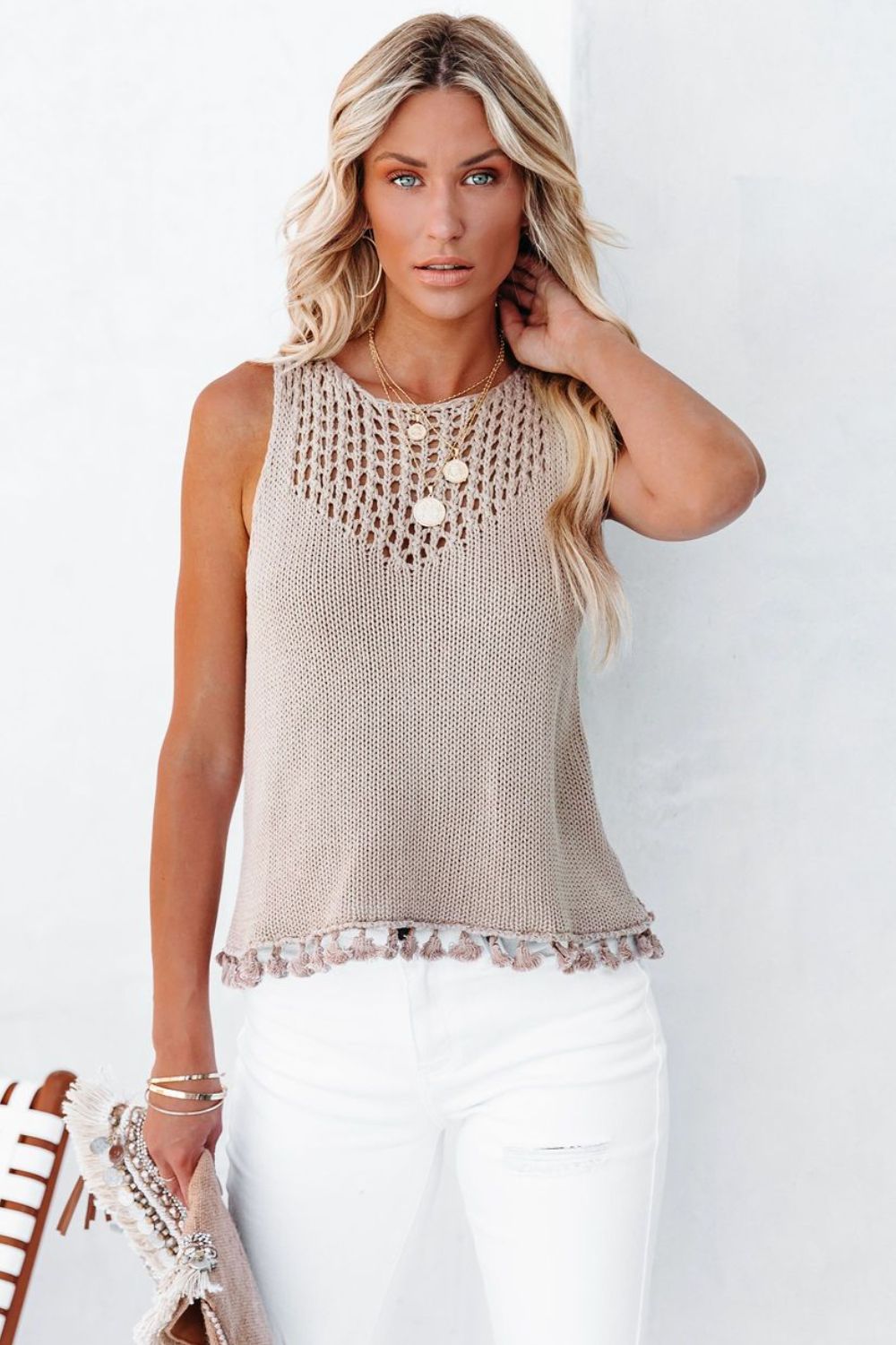 Openwork Tassel Hem Knit Tank-Teresa&#39;s Fashionista LLC