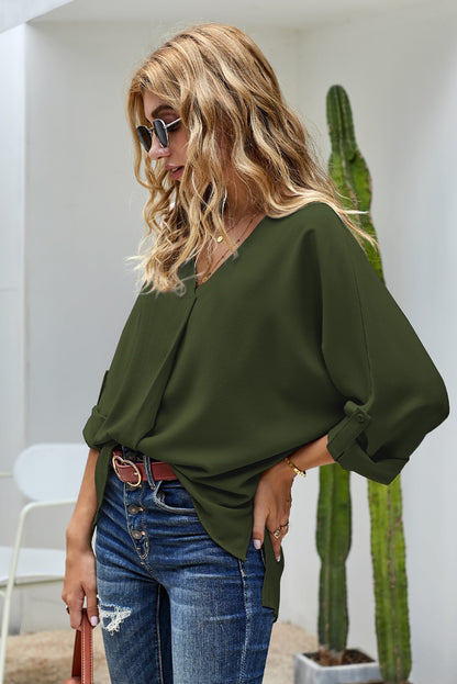 V-Neck Roll-Tab Sleeve Blouse-Teresa&#39;s Fashionista LLC