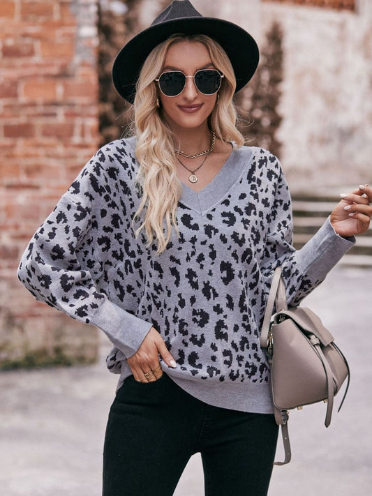 Leopard V-Neck Dropped Shoulder Top-Teresa&#39;s Fashionista LLC