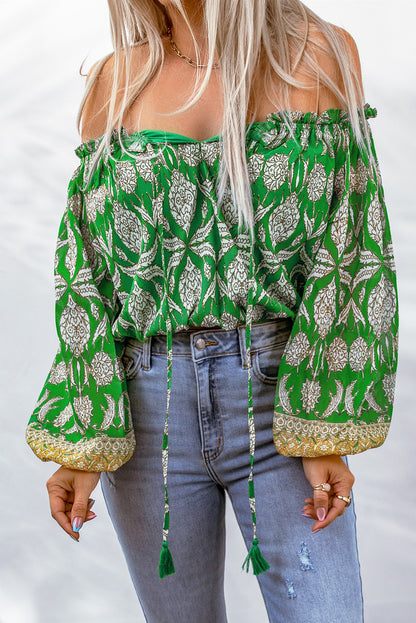 Printed Tassel Tie Balloon Sleeve Blouse-Teresa&#39;s Fashionista LLC