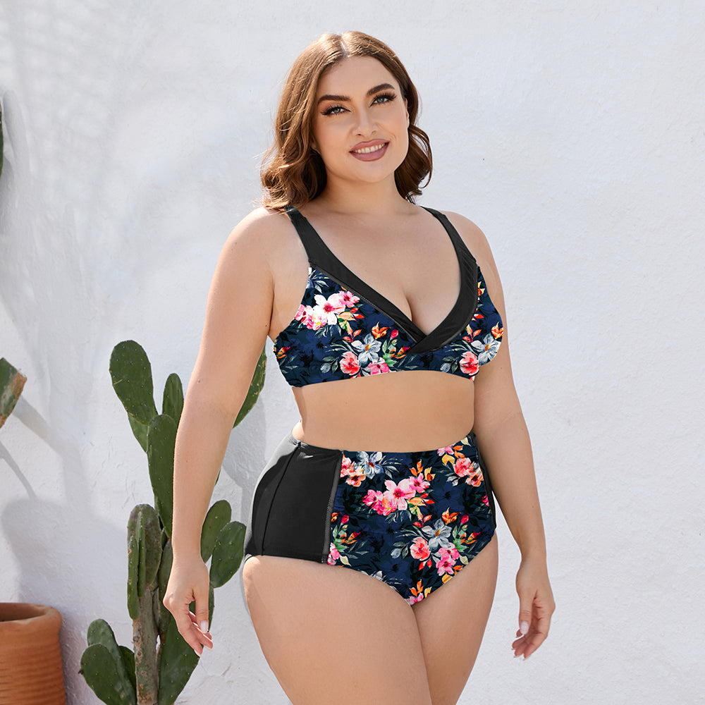 Plus Size Floral High Waist Two-Piece Swim Set-Teresa&#39;s Fashionista LLC