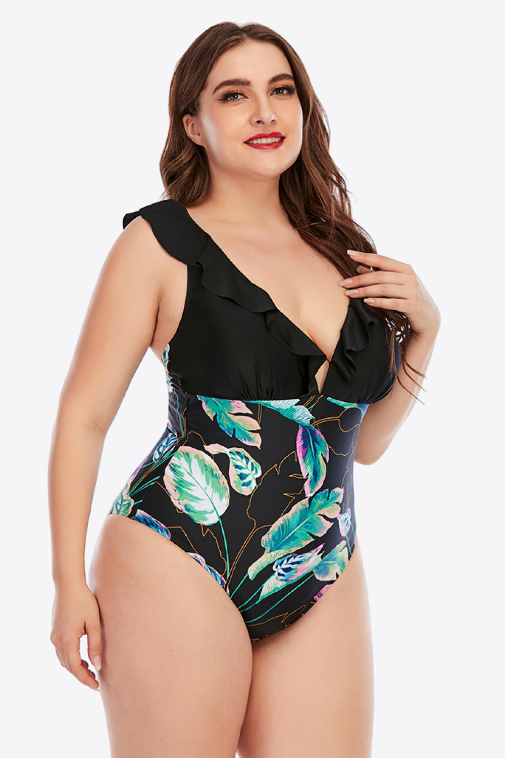 Plus Size Printed Ruffled Deep V One-Piece Swimsuit-Teresa&#39;s Fashionista LLC