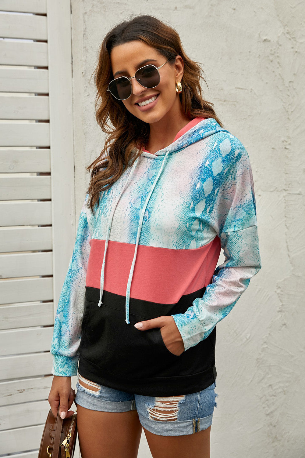 Snake Print Color Block Drawstring Detail Hoodie-Teresa&#39;s Fashionista LLC