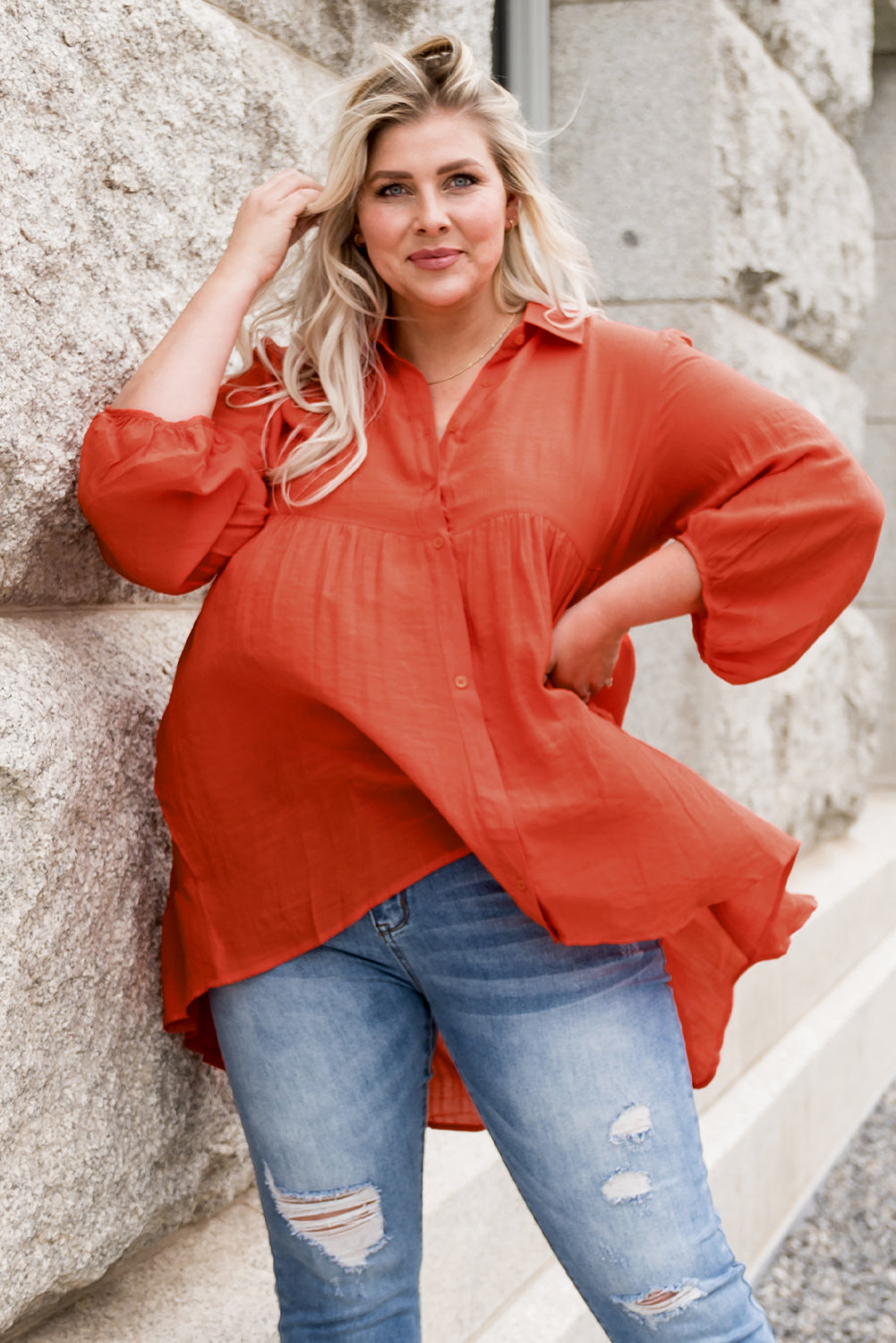 Plus Size Collared Balloon Sleeve Shirt-Teresa&#39;s Fashionista LLC