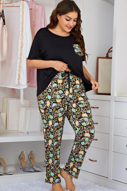 Plus Size Contrast Round Neck Tee and Floral Pants Lounge Set-Teresa&#39;s Fashionista LLC