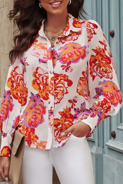 Printed Bishop Sleeve Collared Shirt-Teresa&#39;s Fashionista LLC