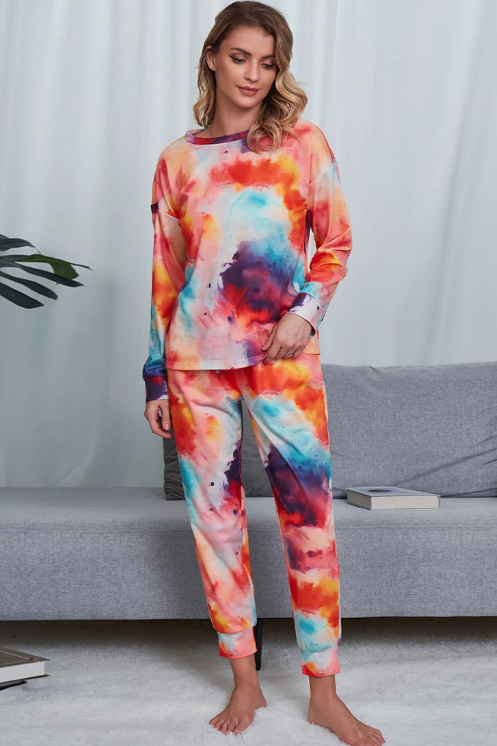 Tie-Dye Crewneck Top and Drawstring Waist Joggers Lounge Set-Teresa&#39;s Fashionista LLC