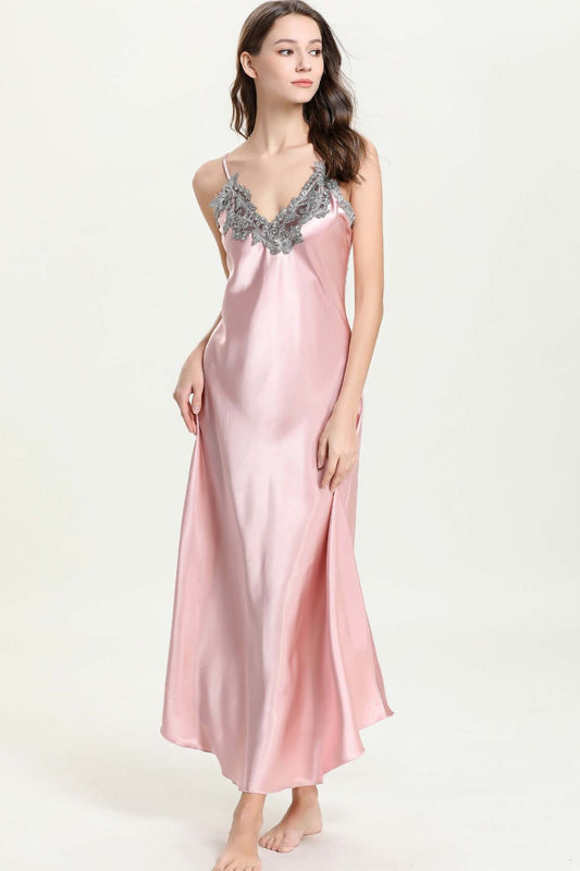 Full Size Lace Trim V-Neck Spaghetti Strap Satin Night Dress - Teresa's Fashionista LLC