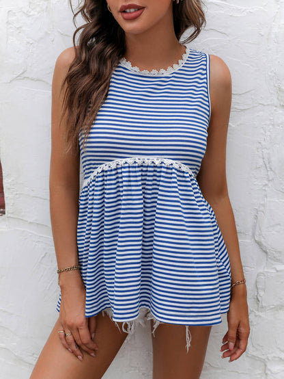 Striped Lace Trim Round Neck Tank-Teresa&#39;s Fashionista LLC