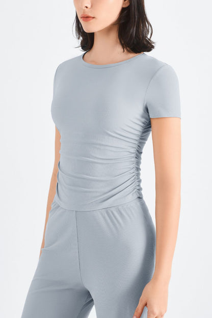 Ruched Round Neck Sports Top-Teresa&#39;s Fashionista LLC