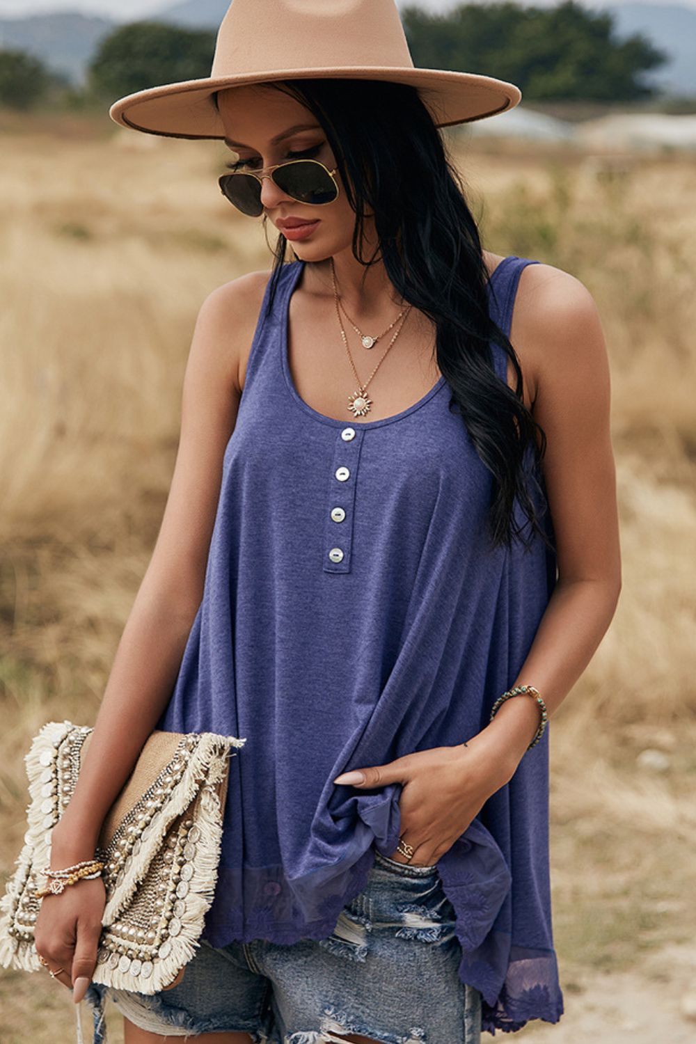 Lace Trim Button Detail Tank Top-Teresa&#39;s Fashionista LLC