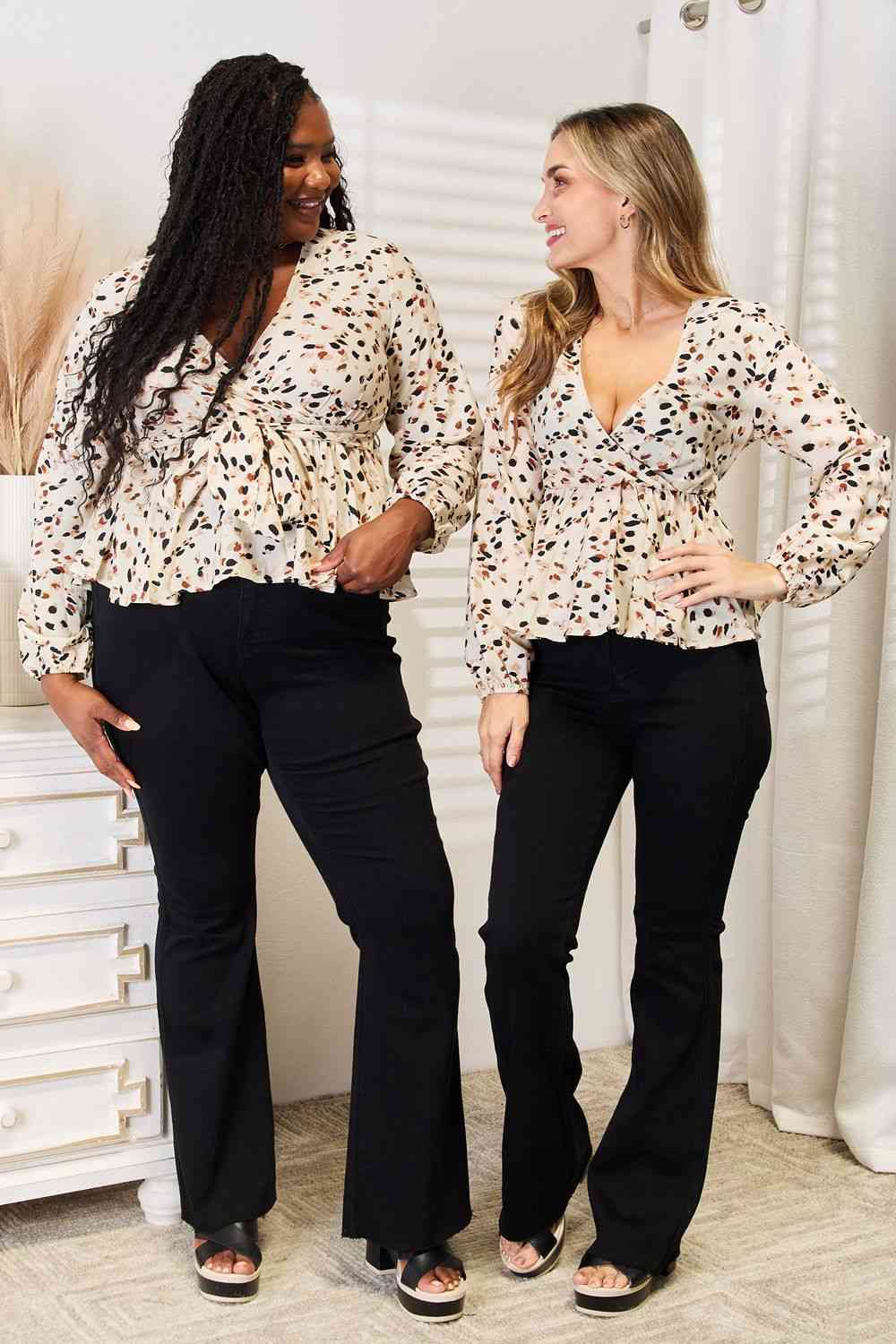 Double Take Printed Tied Plunge Peplum Blouse-Teresa&#39;s Fashionista LLC