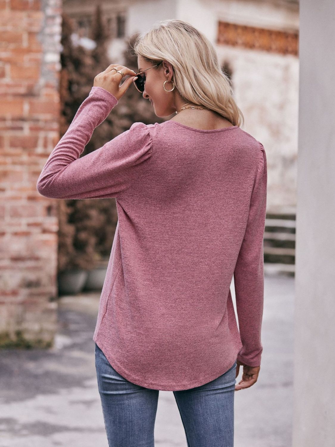 Pleated Detail Curved Hem Long Sleeve Top-Teresa&#39;s Fashionista LLC