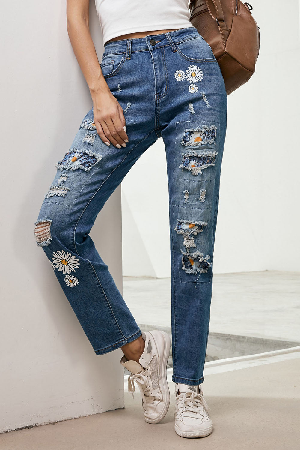 Printed Patch Distressed Boyfriend Jeans-Teresa&#39;s Fashionista LLC