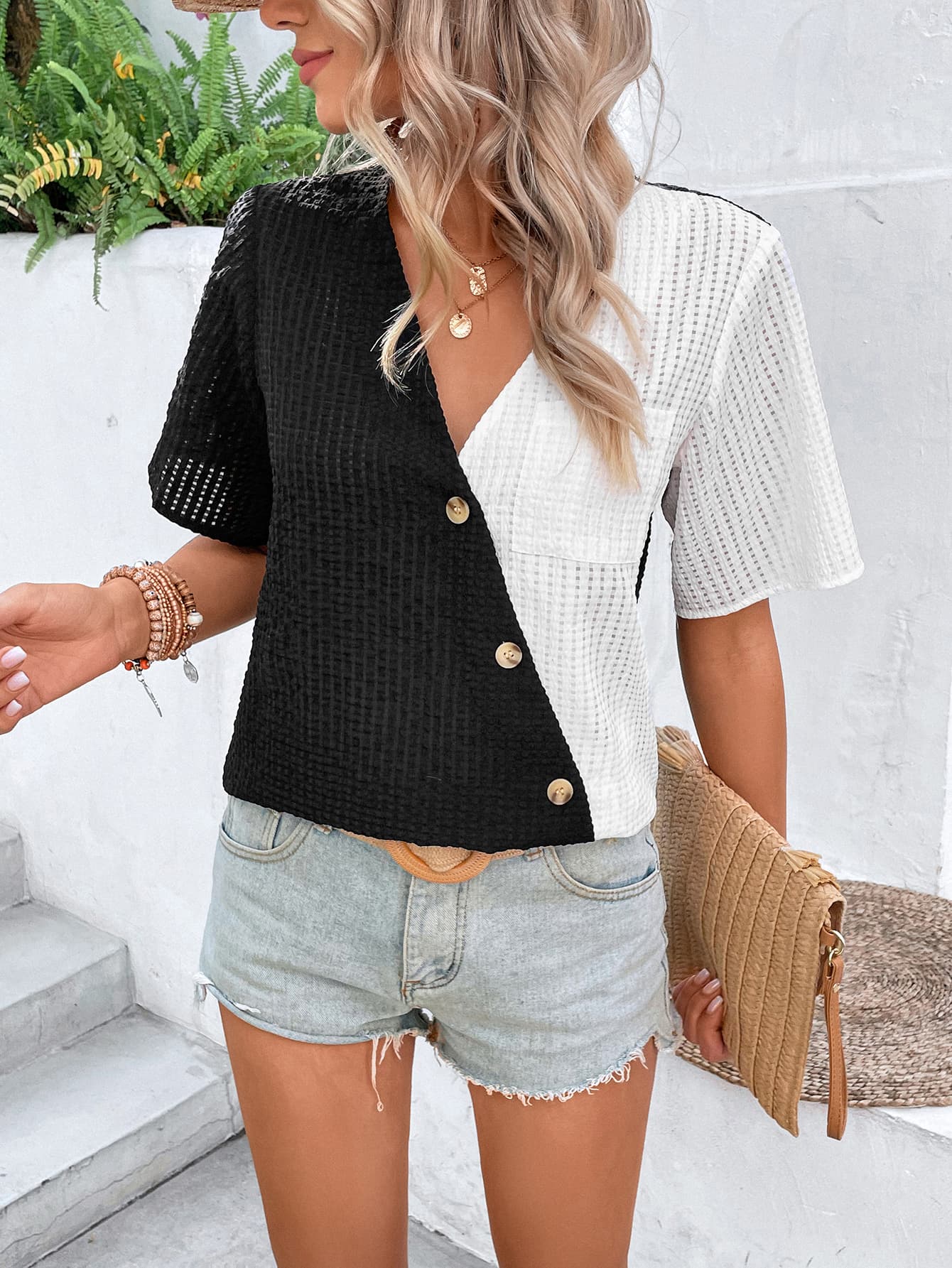 Two-Tone Buttoned Short Sleeve Top-Teresa&#39;s Fashionista LLC