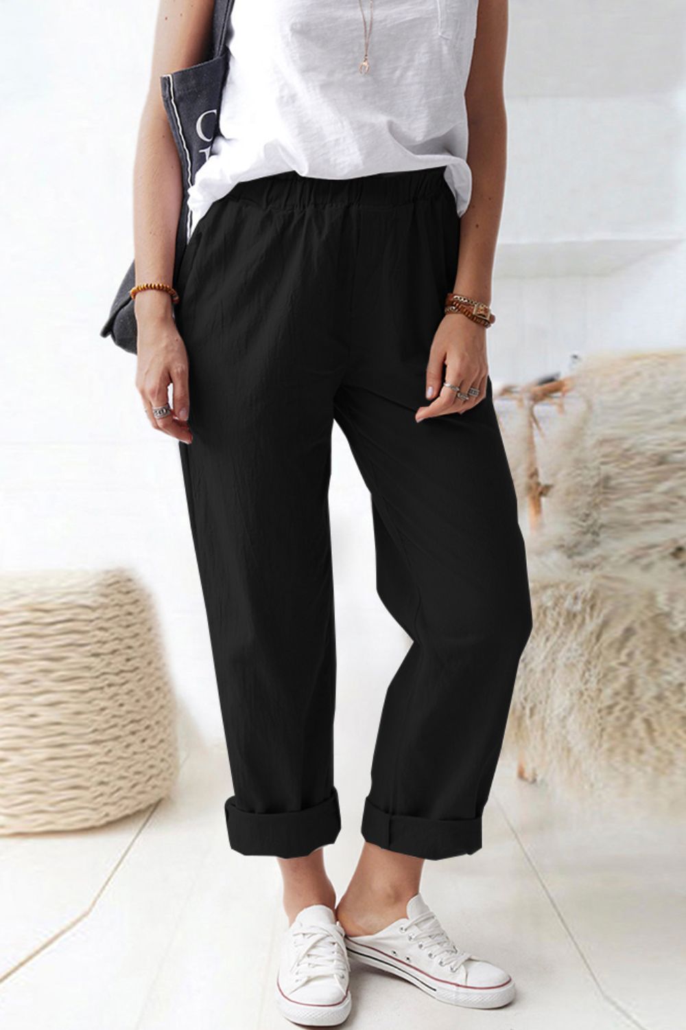 Paperbag Waist Pull-On Pants with Pockets-Teresa&#39;s Fashionista LLC