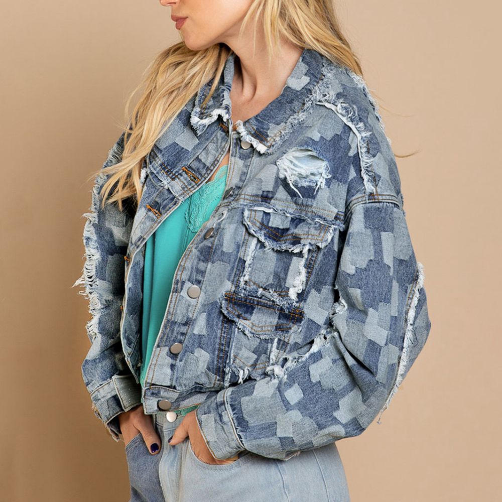 Plaid Raw Hem Dropped Shoulder Denim Jacket-Teresa&#39;s Fashionista LLC