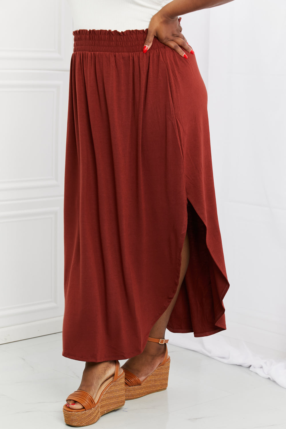 Zenana It's My Time Full Size Side Scoop Scrunch Skirt in Dark Rust-Teresa&#39;s Fashionista LLC