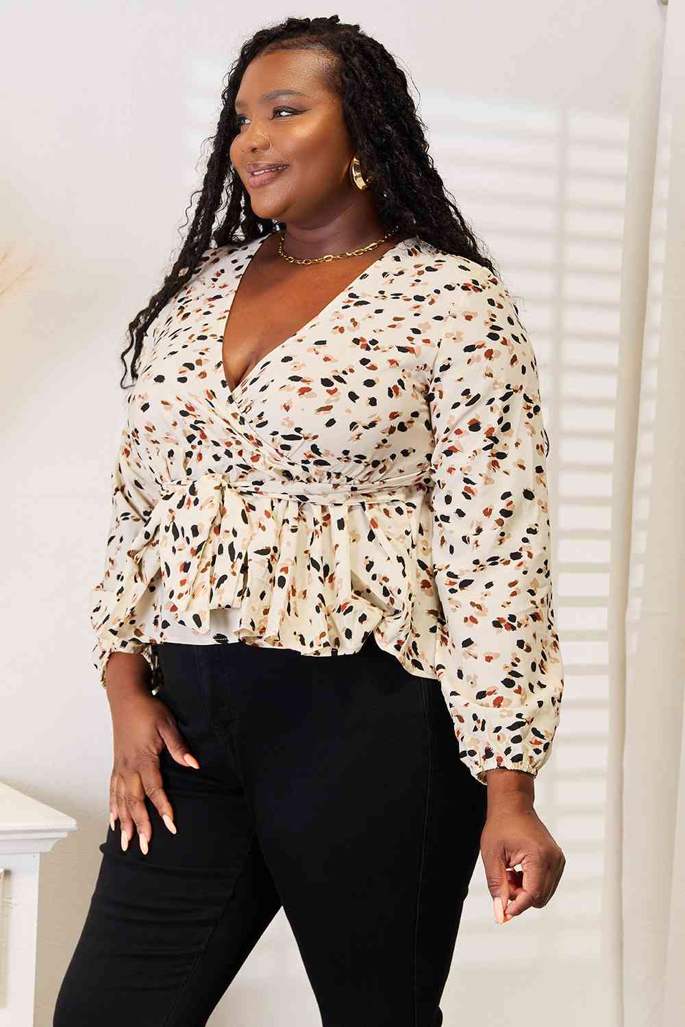 Double Take Printed Tied Plunge Peplum Blouse-Teresa&#39;s Fashionista LLC