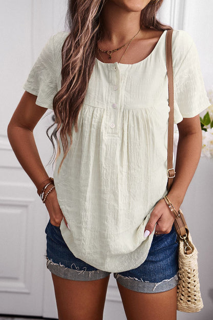 Quarter-Button Round Neck Short Sleeve Top-Teresa&#39;s Fashionista LLC