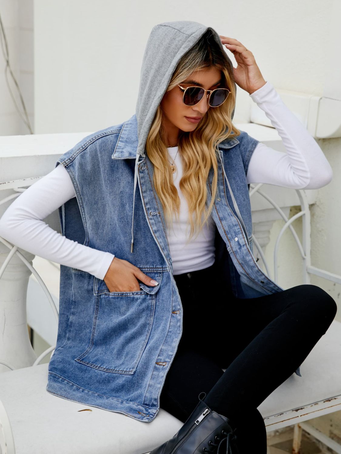 Hooded Sleeveless Denim Top with Pockets-Teresa&#39;s Fashionista LLC