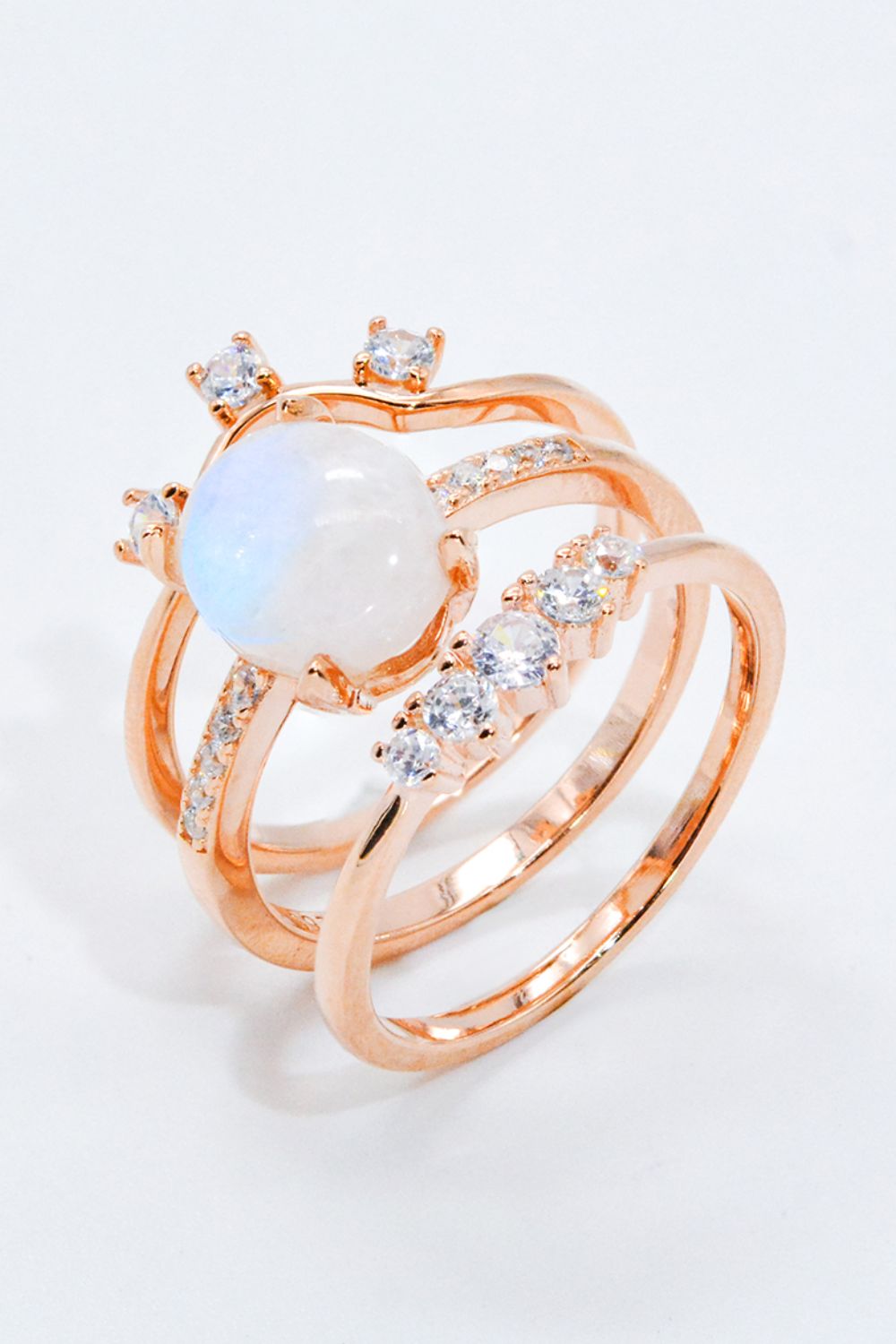 Natural Moonstone and Zircon Three-Piece Ring Set-Teresa&#39;s Fashionista LLC