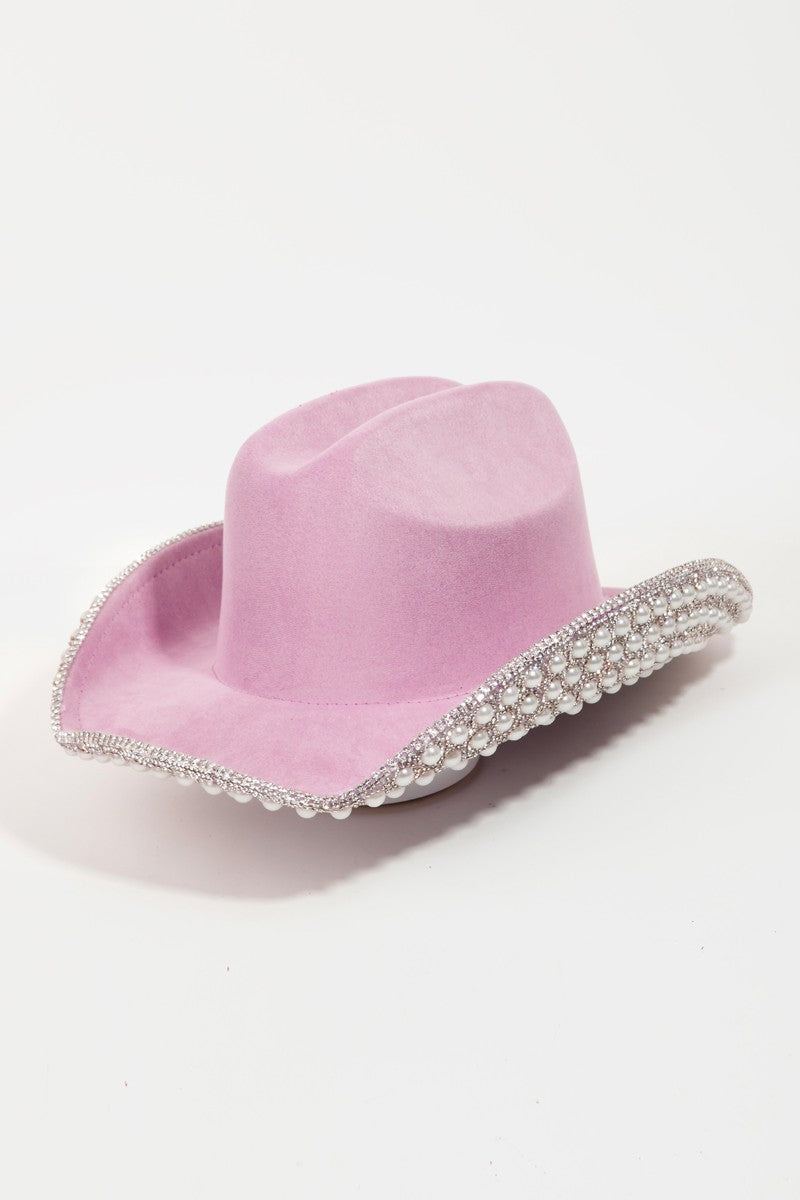 Fame Pave Rhinestone Pearl Trim Cowboy Hat-Teresa&#39;s Fashionista LLC