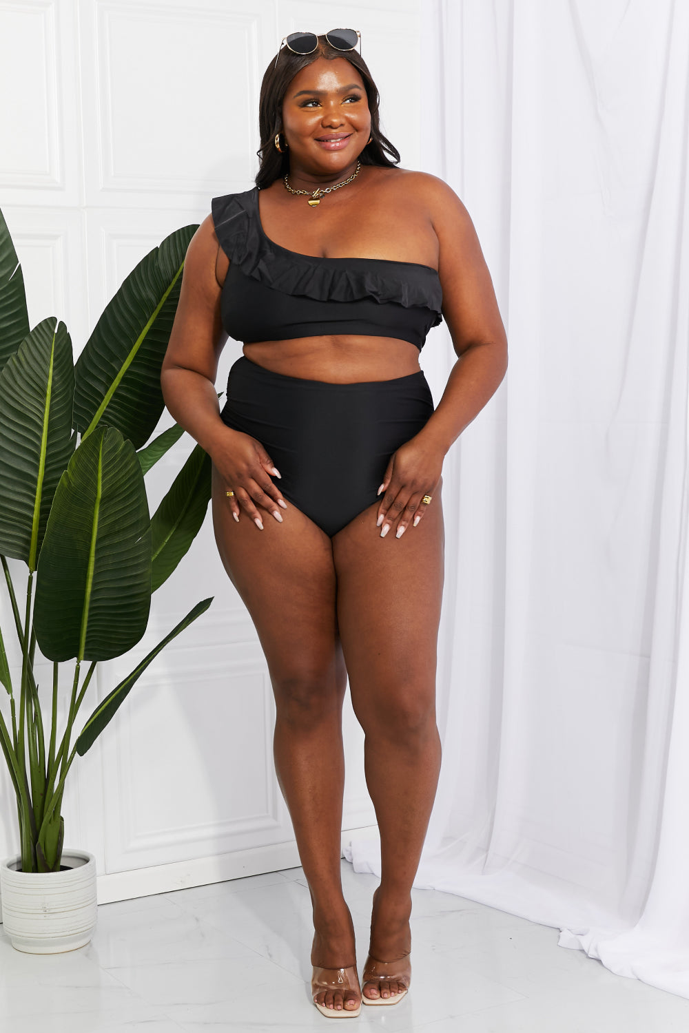 Marina West Swim Seaside Romance Ruffle One-Shoulder Bikini in Black-Teresa&#39;s Fashionista LLC